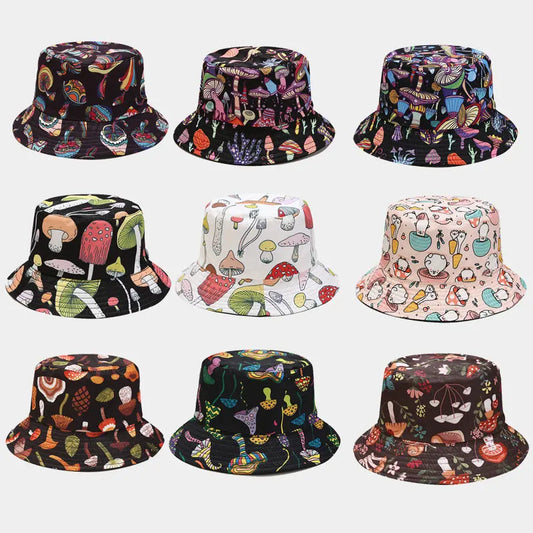 Unisex Cotton Bucket Hat – 2022 Cartoon Mushroom Print Fisherman Sun Cap for Outdoor Travel