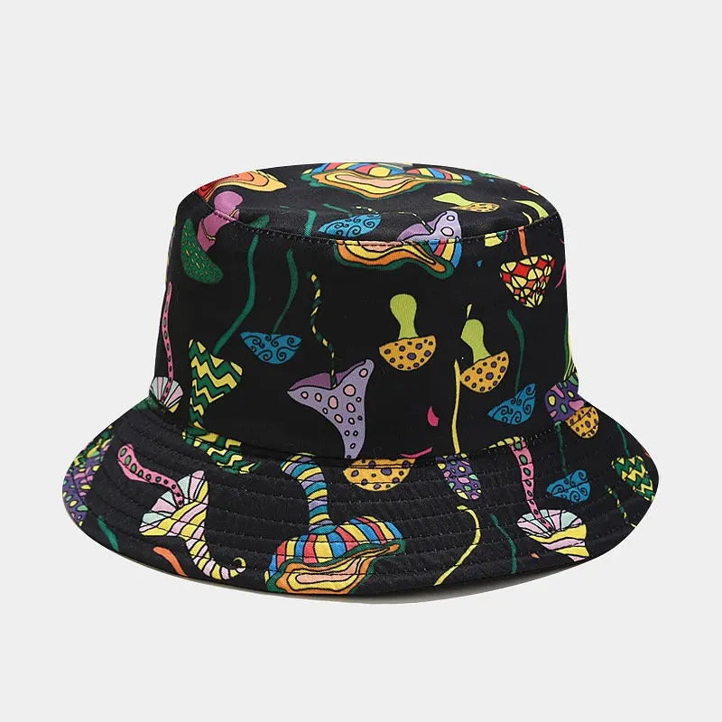 Unisex Cotton Bucket Hat – 2022 Cartoon Mushroom Print Fisherman Sun Cap for Outdoor Travel