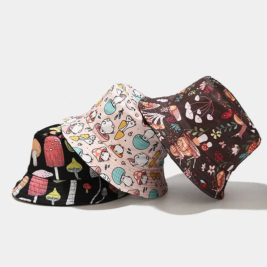 Unisex Cotton Bucket Hat – 2022 Cartoon Mushroom Print Fisherman Sun Cap for Outdoor Travel